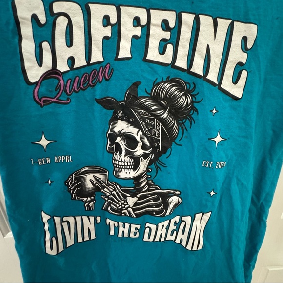 Caffeine Queen Graphic Tee – Skeleton Coffee Shirt – Size Large - Picture 2 of 4